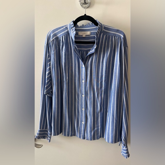 LOFT Blue and White Striped Ruffle Trim Shirt - Picture 2 of 7